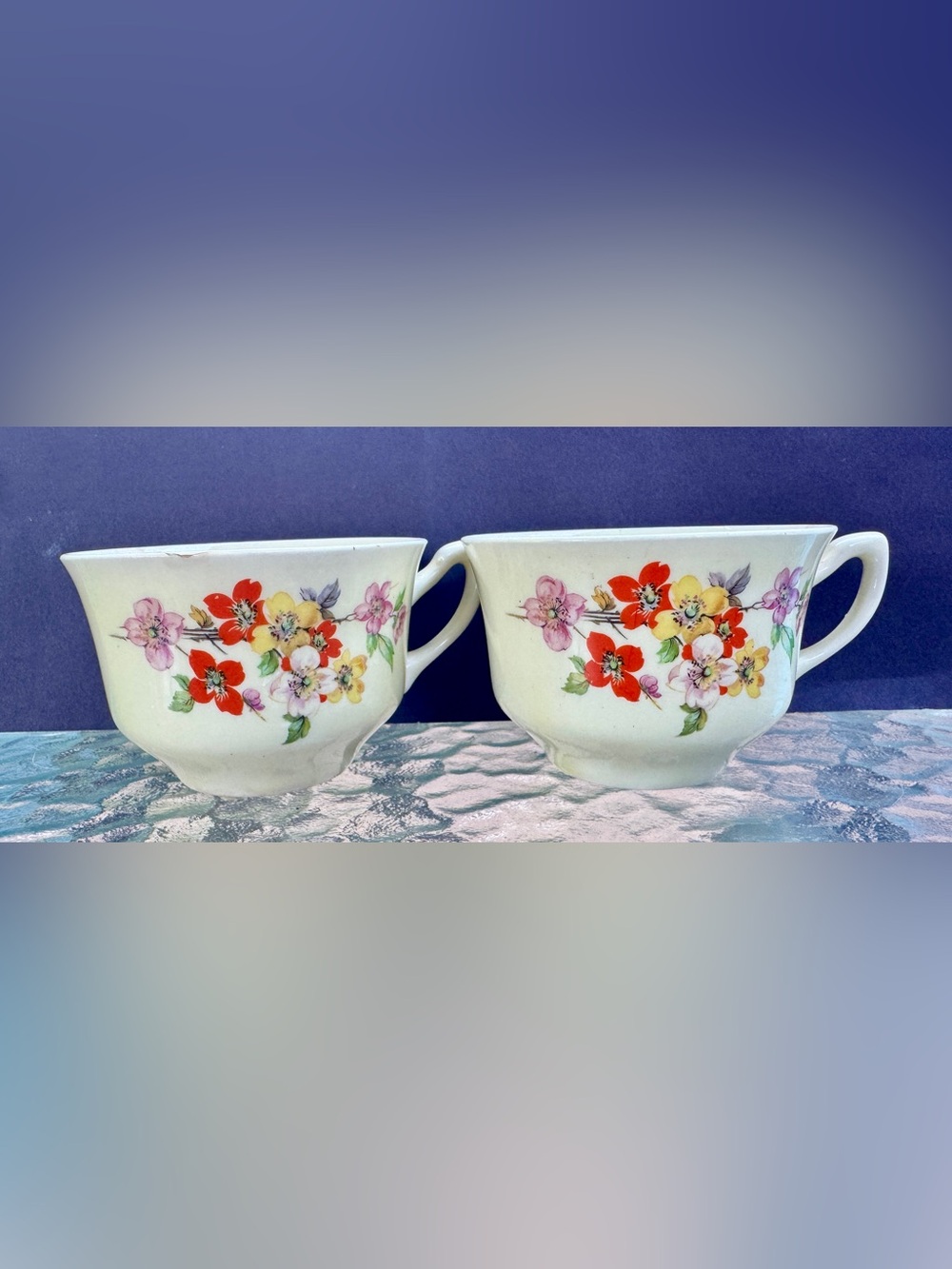 Vintage Floral Ceramic Mug Set - White with Red, Pink & Yellow Flowers